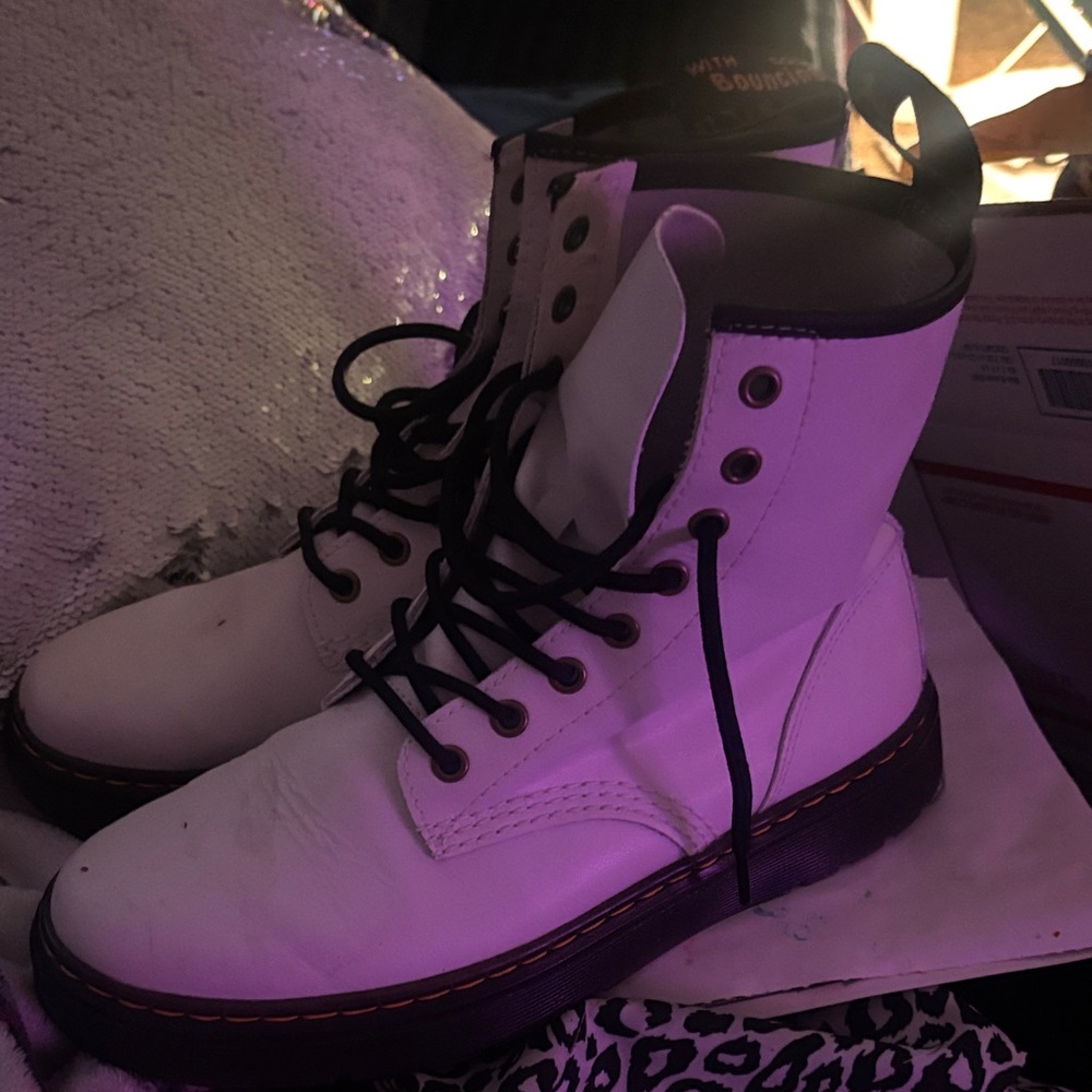 Dr. Martens White Lace-Up Combat Boots with Black Trim